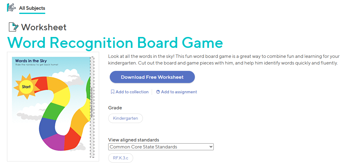 Download form for educational printable word board game for children